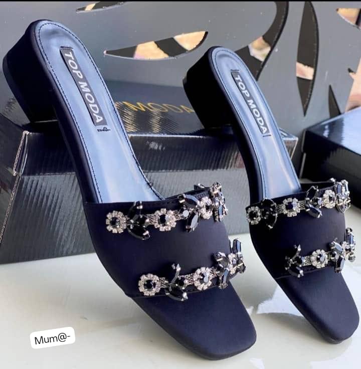 Top Moda Jeweled Satin Low Block Heel Mules