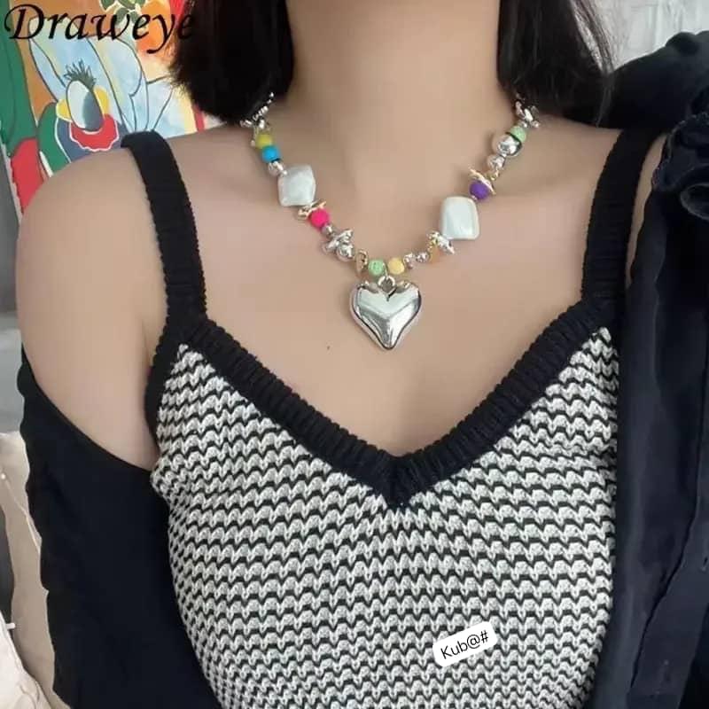 Chunky Silver Puffy Heart Statement Necklace