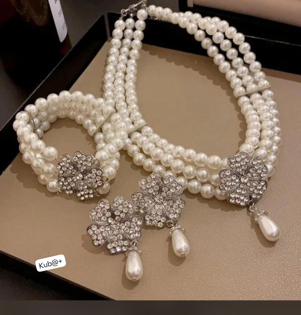Elegant Three-Row Pearl Choker Necklace Set