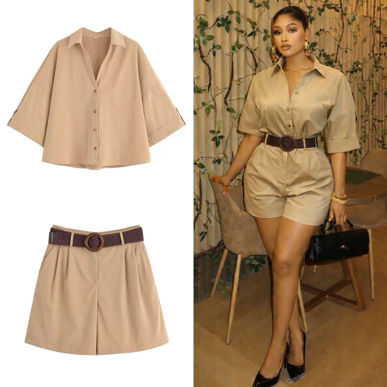 Women's Premium Cotton Tailored Utility Shorts & Button-Down Shirt Co-Ord Set with Belt - Image 14