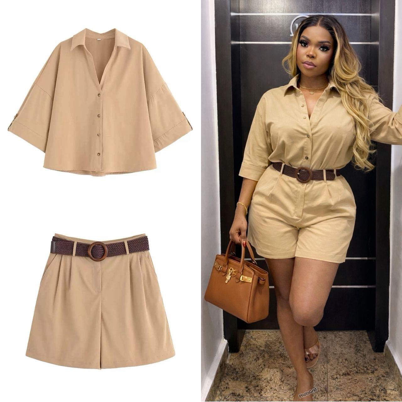 Women's Premium Cotton Tailored Utility Shorts & Button-Down Shirt Co-Ord Set with Belt - Image 13