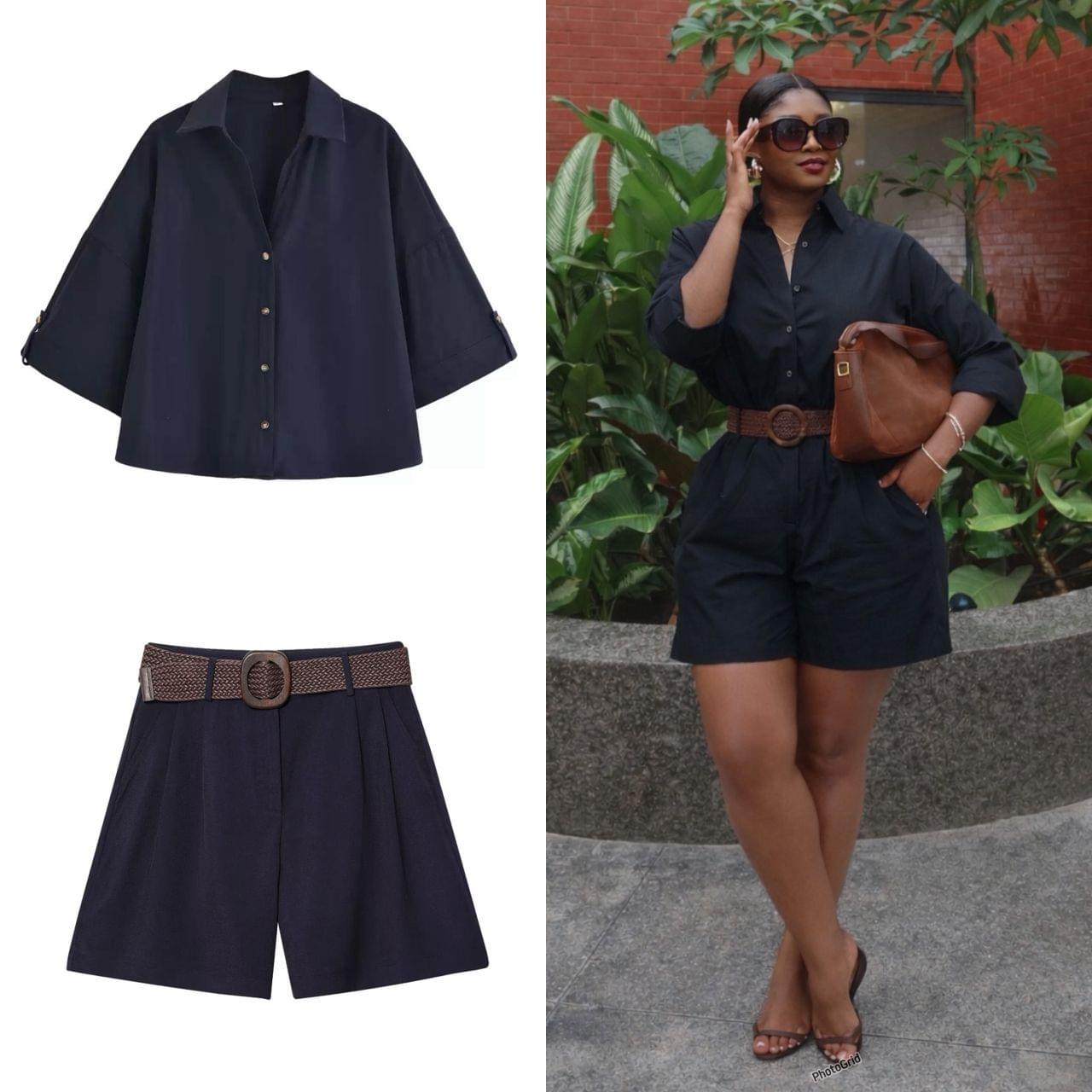 Women's Premium Cotton Tailored Utility Shorts & Button-Down Shirt Co-Ord Set with Belt - Image 11