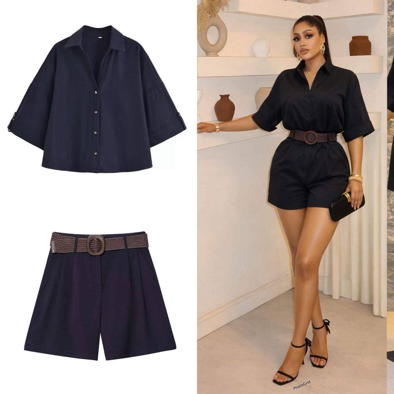 Women's Premium Cotton Tailored Utility Shorts & Button-Down Shirt Co-Ord Set with Belt