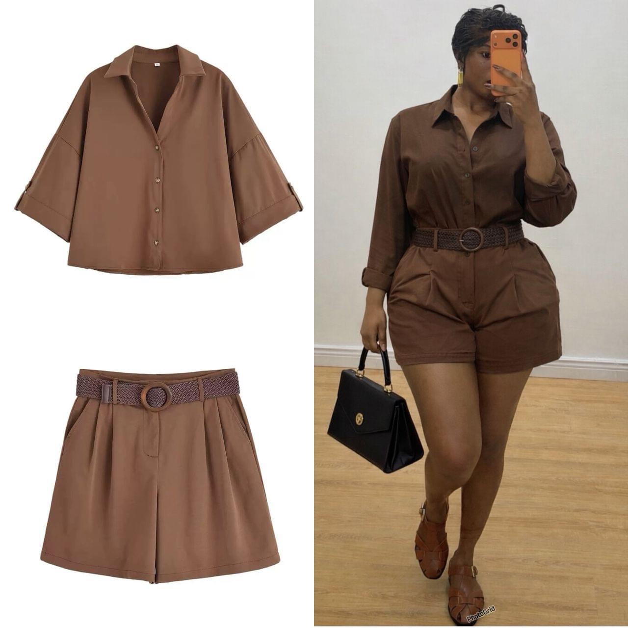 Women's Premium Cotton Tailored Utility Shorts & Button-Down Shirt Co-Ord Set with Belt - Image 8