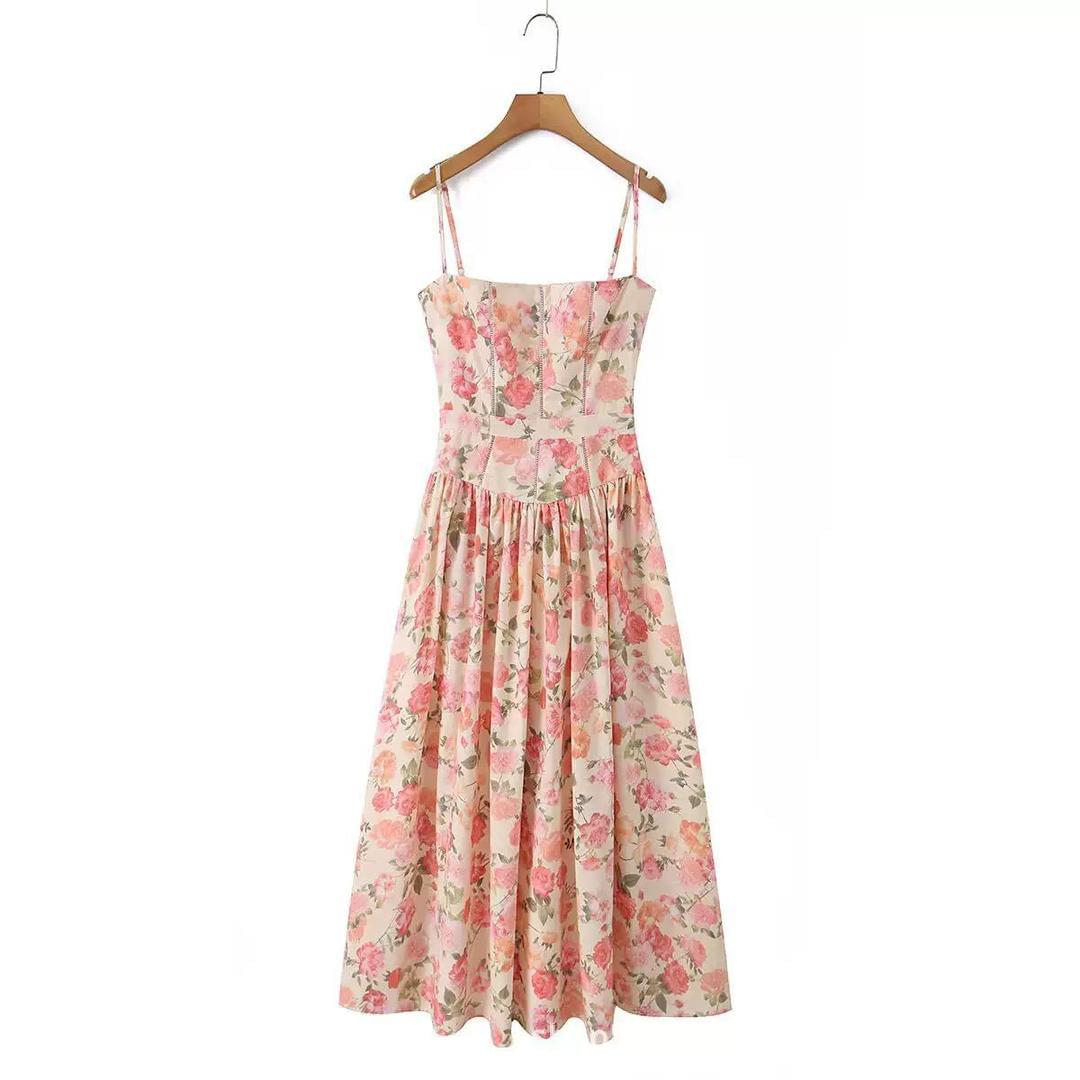 Women's Romantic Floral Corset Midi Dress with Flared A-Line Skirt - Image 2