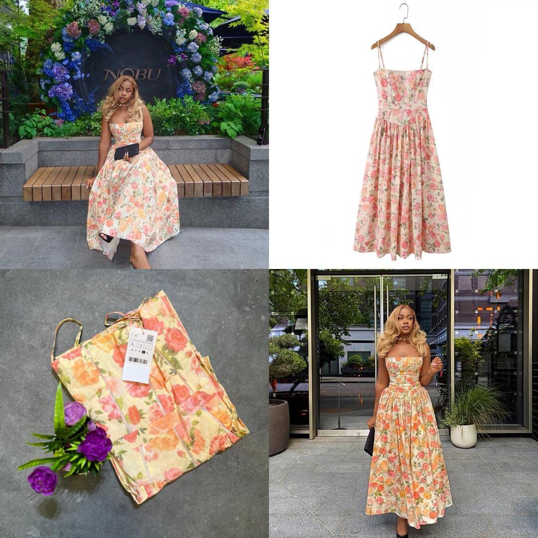 Women's Romantic Floral Corset Midi Dress with Flared A-Line Skirt - Image 10