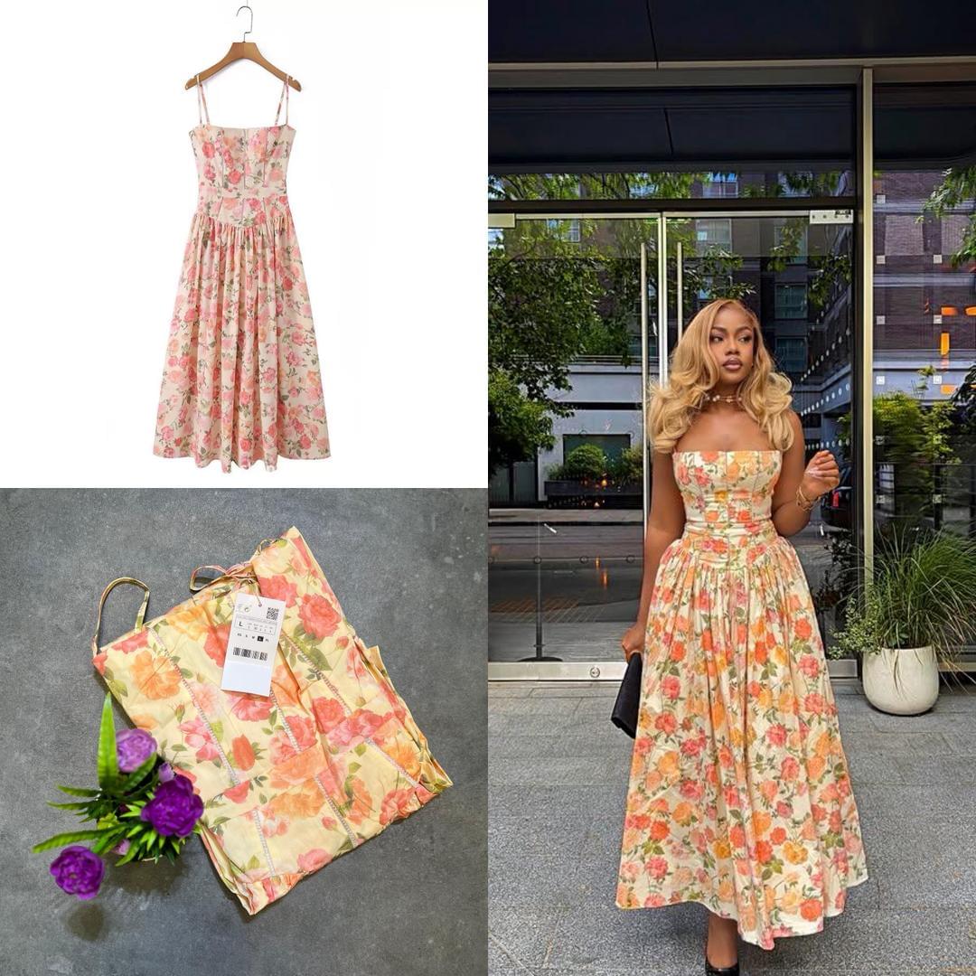 Women's Romantic Floral Corset Midi Dress with Flared A-Line Skirt