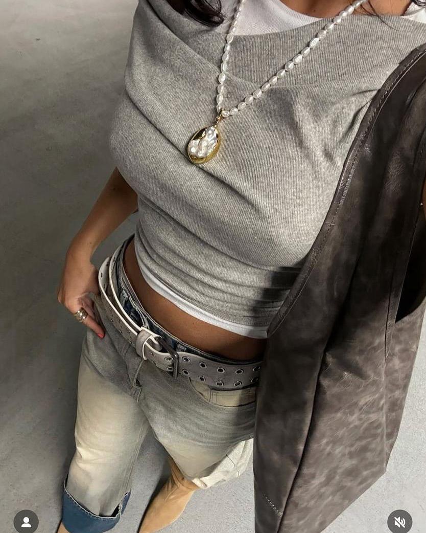 Women's Asymmetric Off-Shoulder 2-in-1 Layered Heather Grey Top - Image 7
