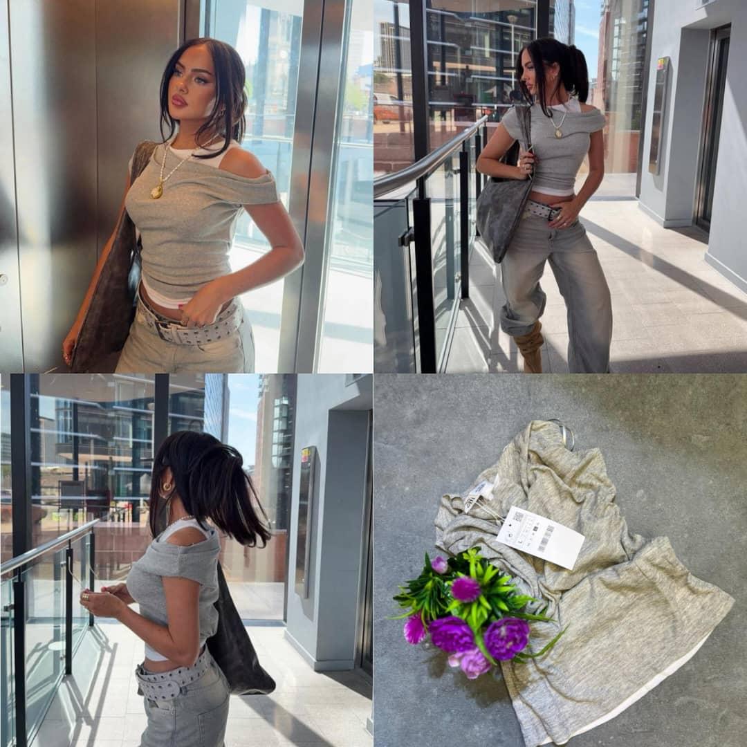 Women's Asymmetric Off-Shoulder 2-in-1 Layered Heather Grey Top - Image 3