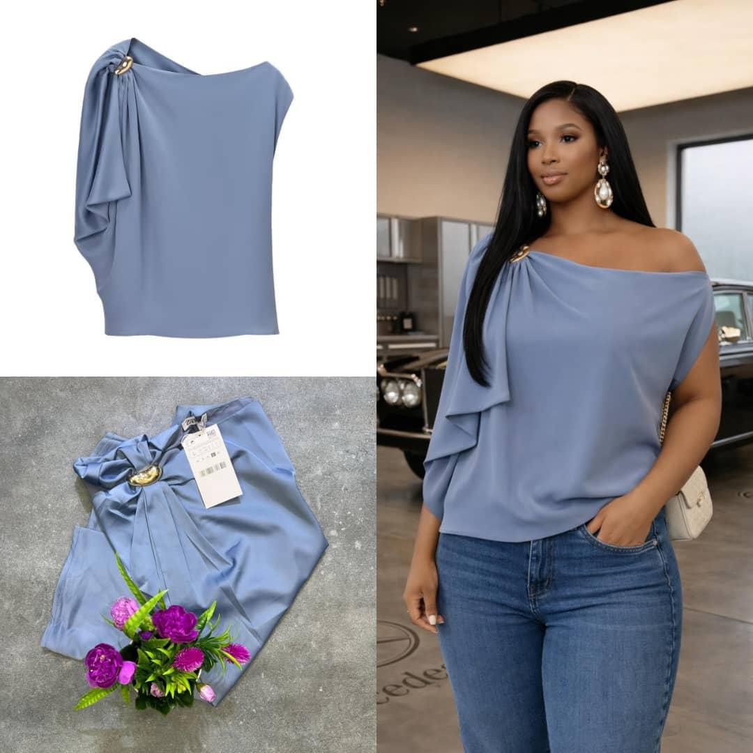 Women's Luxurious One-Shoulder Periwinkle Blue Pleated Cape Blouse - Image 6