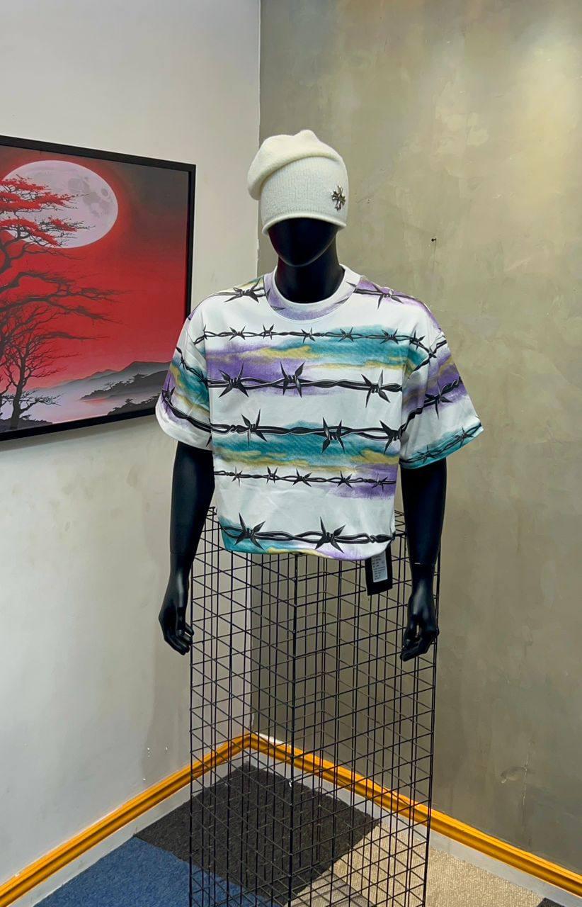 Oversized Casual Crewnecks - Crisp white base highlighted by striking teal and purple airbrushed cloud bands.