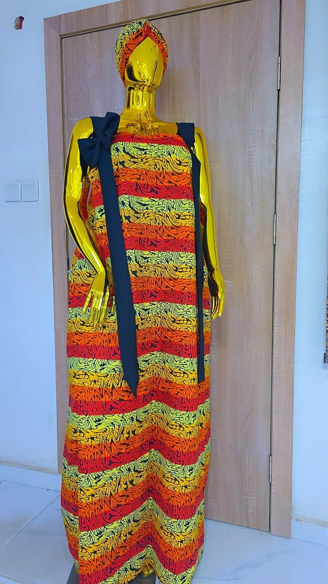 Ankara Print Boubou Dress with Matching Headwrap & Bows